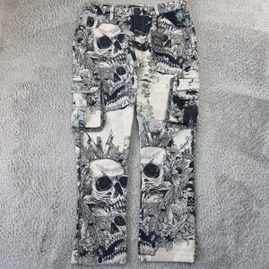 Rebel Vengeance Tapestry Cargo Pants     Men Skull Black Cream Woven Size 36 NEW